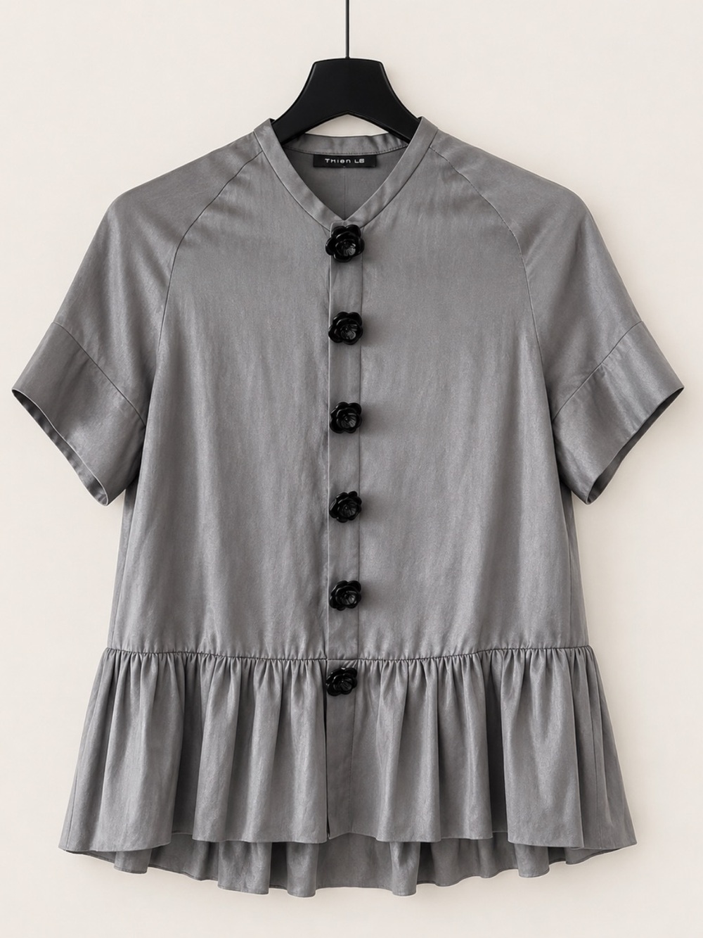 Thien Le Silk Peplum Blouse Gray Black Floral Buttons Avant Garde Designer Top S